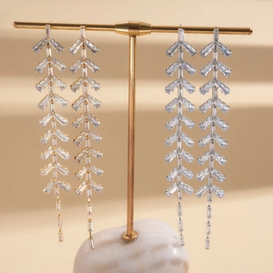 Elegant gold and silver leaf tassel earrings with sparkling rectangle zircon crystals