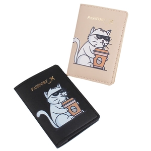 Passport Holder PU Leather Cartoon Cat Printing Travel Document Organizer Case Cute Casual Style For Women Men Durable