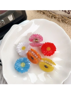 Macro shot of colorful acetate daisy hair clips in a white shell dish with scenic background