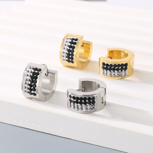 Minimalist wide stainless steel earrings with black crystal rhinestones in gold and silver