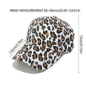 Detailed size chart for leopard print baseball cap showing 56-60cm circumference and visor