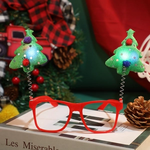 Luminous Christmas tree glasses with red frame and LED lights for festive party photos
