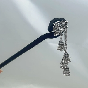 Vintage Lotus Tassel Wood Hair Stick Chinese Classical Ethnic Style Hairpin With Silver Alloy Bells For Women