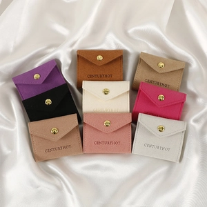 Macro detail of microfiber jewelry pouches with gold snap buttons and Centuryhot logo