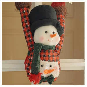 Detailed view of handmade Christmas snowman plush ornament with red plaid fabric
