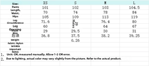 Tableau des tailles pour pantalon femme en nylon avec mesures de taille et hanches