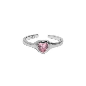 S925 sterling silver open ring featuring a polished pink heart-shaped zircon gemstone
