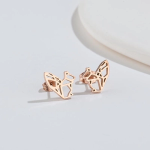 Minimalist rose gold origami squirrel stud earrings with geometric animal cutout design