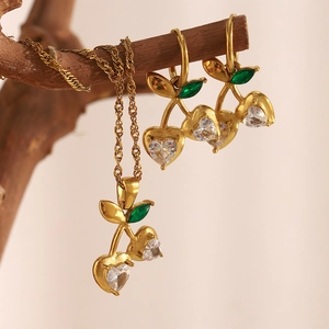 18K gold plated cherry jewelry set with heart crystal necklace and earrings on branch