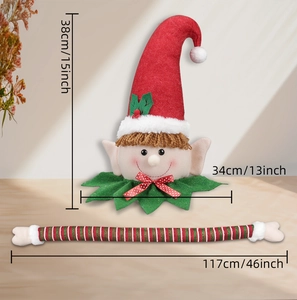 Detailed view of striped elf legs and plush hat for Christmas tree decoration