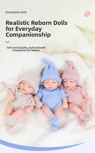 Detailed close-up of 20cm soft vinyl reborn baby dolls in blue and pink knitted outfits
