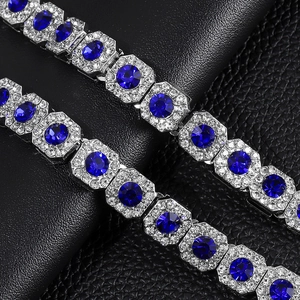 Hip hop silver Cuban chain necklace with blue square rhinestones on black leather