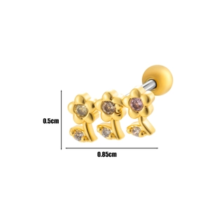Three-flower cartilage stud earring in gold finish with colorful zircon gemstones