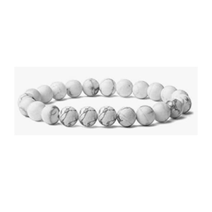 Detailed close-up of 8mm white turquoise beads with grey marble veins on elastic bracelet
