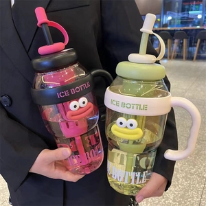 Large Capacity Plastic Water Bottle With Straw And Handle Cute Cartoon Big Mouth Portable Sippy Cup For Outdoor Travel Office
