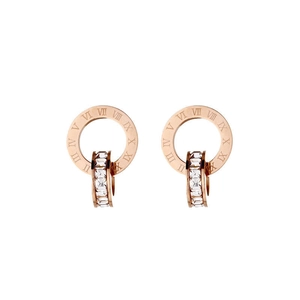 Rose gold Roman numeral earrings with square white zircon in double ring design