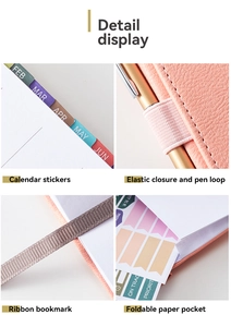 Detailed views of 2026-2027 planner features: elastic pen loop, ribbon, and pocket