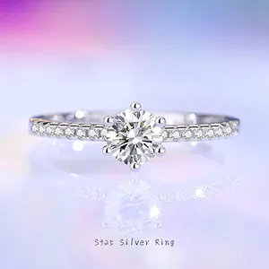 S925 Sterling Silver Moissanite Zirconia Ring For Women Classic Six Claw Round Cut Pave Stone Adjustable Open Ring Jewelry