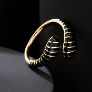 Retro geometric open ring in 18K gold plated copper with black enamel stripe design