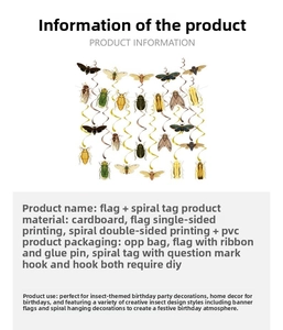 Close-up of insect themed party banners and hanging swirls made of cardstock and PVC
