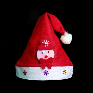 Luminous Christmas hat with LED glowing snowman and colorful sequins on a black background
