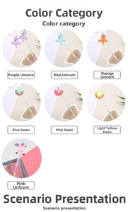 Detail of colorful stationery pens featuring cute 3D cartoon unicorn and swan toppers
