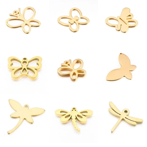 Selection of nine golden stainless steel insect charms including butterflies and dragonflies