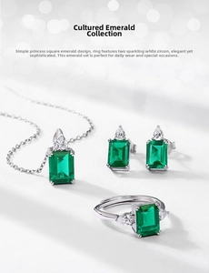 Close-up of emerald-cut lab emerald jewelry set with silver finish and white zircon