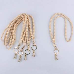 Wood Bead Lanyard Badge Holder Metal Keychain With Tassel Bohemian Style For Teacher Nurse