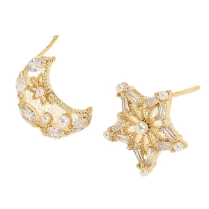 14K gold plated asymmetric moon and star earrings with pearls and cubic zirconia