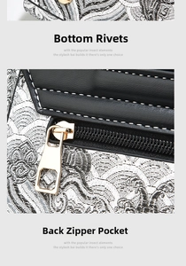 Detailed view of the bottom rivets and back zipper pocket on embroidered handbag