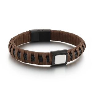 Men's braided leather bracelet with brown and black texture and magnetic steel clasp
