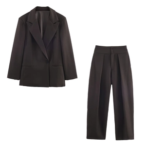Women Loose Notched Lapel Blazer And High Waist Wide Leg Trousers Polyester Solid Color Casual Suits Fashion Outfits