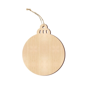 Round unfinished wooden Christmas ornament with twine string on a clean white background