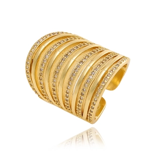 Golden multi-layer wide open ring with butterfly flower design and zircon crystals