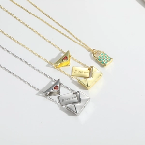 Minimalist envelope locket and plaid lock pendant necklace set in gold and silver