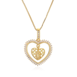 Gold plated heart pendant necklace with Mary relief and zircon stones on a box chain