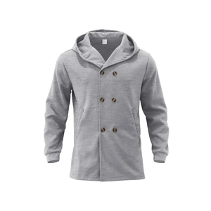 Close-up of grey double-breasted hooded coat with dark amber textured buttons and knit fabric
