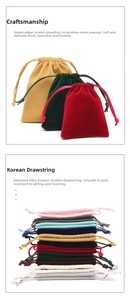 Detailed view of colorful velvet drawstring pouches for jewelry and gift packaging