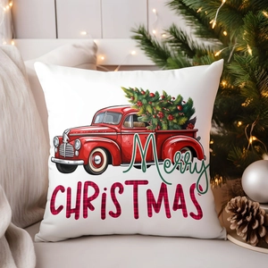 Housse de coussin en lin avec camion rouge de Noël et motif Merry Christmas festif