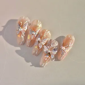 Elegant shell-light butterfly nail art stickers with 3D aurora wings and white pearls