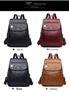Collage showing backpack colors in black, burgundy, navy blue, and brownish yellow options