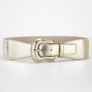 Women's wide elastic waist belt with gold lizard pattern buckle and beige stretch band