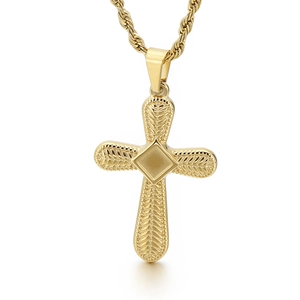 Minimalist gold titanium steel cross necklace with leaf texture and twist chain