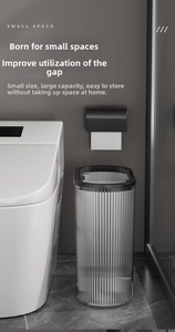 Detailed view of an 18cm slim trash bin fitting perfectly in a narrow bathroom space