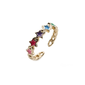 Minimalist gold adjustable star ring with colorful enamel inlay and chain texture