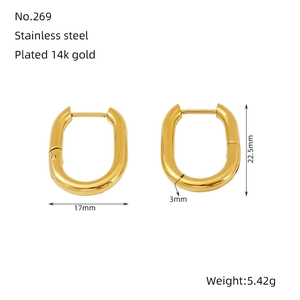 Detailed dimensions of 14k gold plated stainless steel oval earrings with 22.5mm height