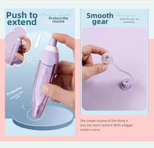 Macro detail of purple retractable correction tape showing internal gear and smooth mechanism