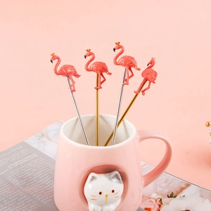Set of 4 flamingo stirrer sticks with gold crowns in gold and silver stainless steel