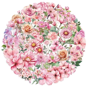 50pcs pink floral transparent PET stickers with watercolor rose and daisy designs
